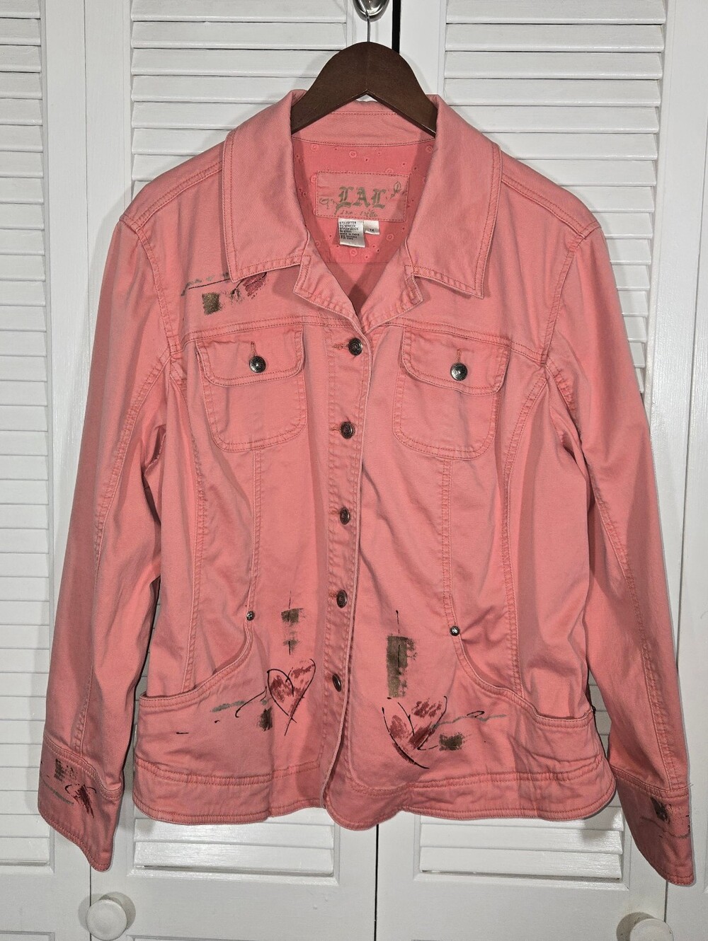 LAL Coral Peach Denim Button Up Utility Sketch Style Heart Splatter Jacket Sz 1X